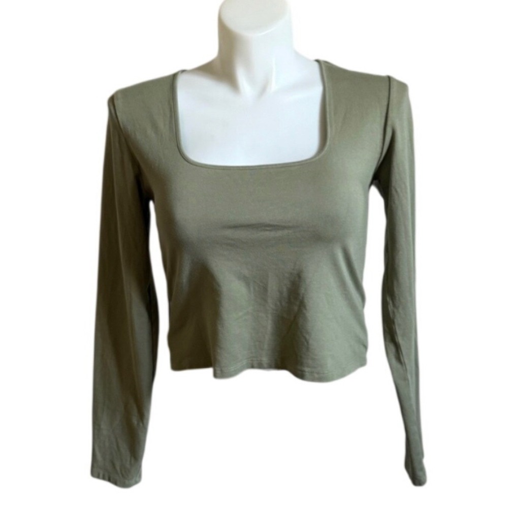 Aerie Womens Olive Green Square Neck Long Sleeve Crop Top Size Large